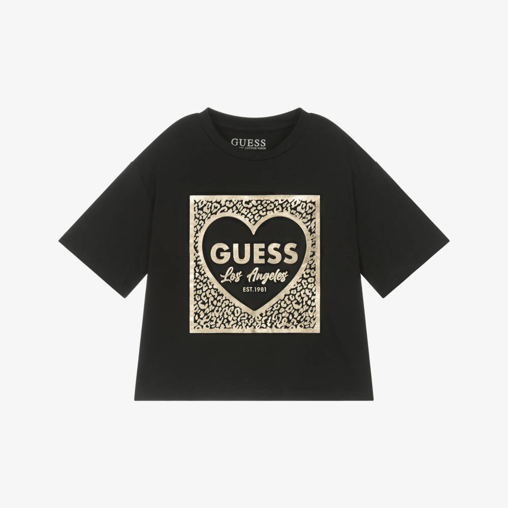 Guess-Junior Girls Black Cotton T-Shirt with Metallic Gold Logo | Childrensalon