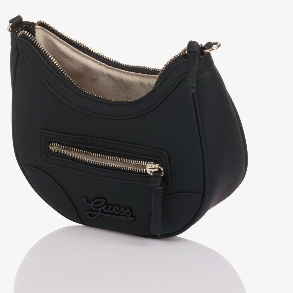 Guess-Junior Girls Black Faux Leather Curved Bag (24cm) | Childrensalon