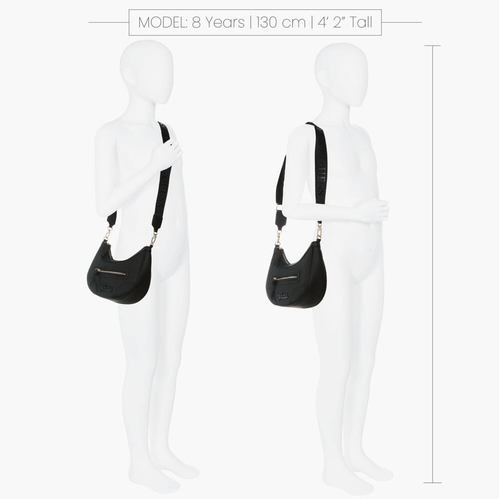 Guess-Junior Girls Black Faux Leather Curved Bag (24cm) | Childrensalon