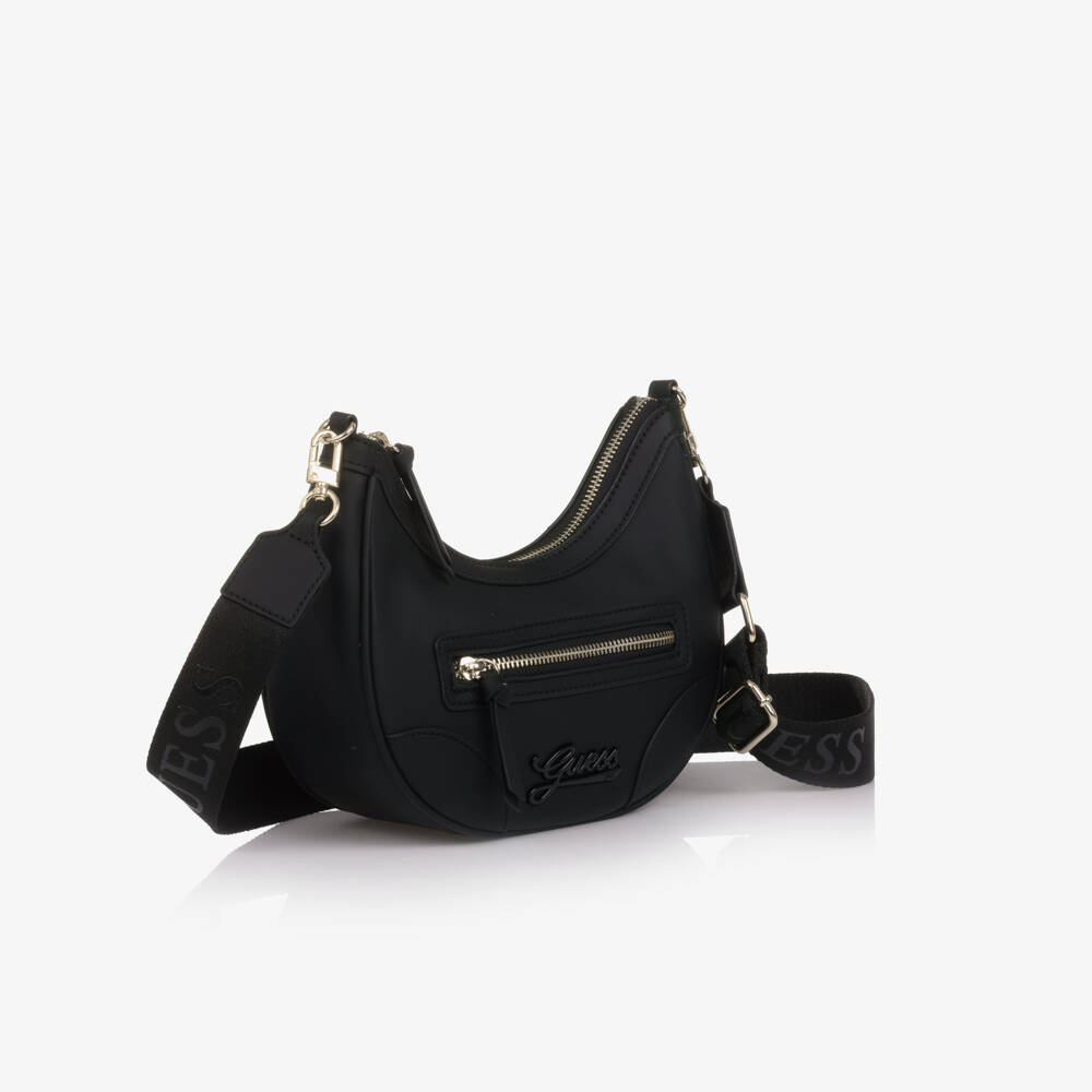 Guess-Junior Girls Black Faux Leather Curved Bag (24cm) | Childrensalon