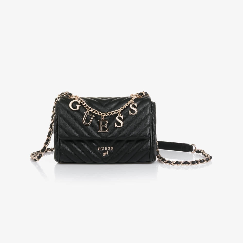Guess-Junior Girls Black Faux Leather Shoulder Bag with Logo Charms | Childrensalon