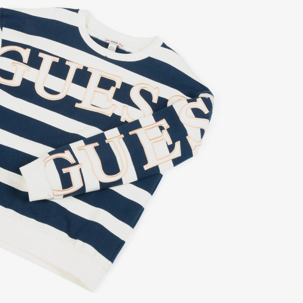 Guess-Junior Girls Blue & Ivory Striped Logo Sweatshirt | Childrensalon