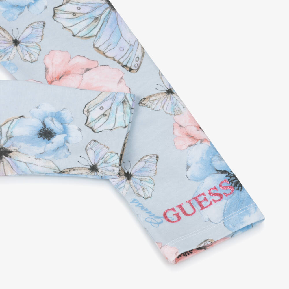 Guess-ليقنز بنات قطن بطبعة ورود وفراشات لون زهري وأزرق | Childrensalon