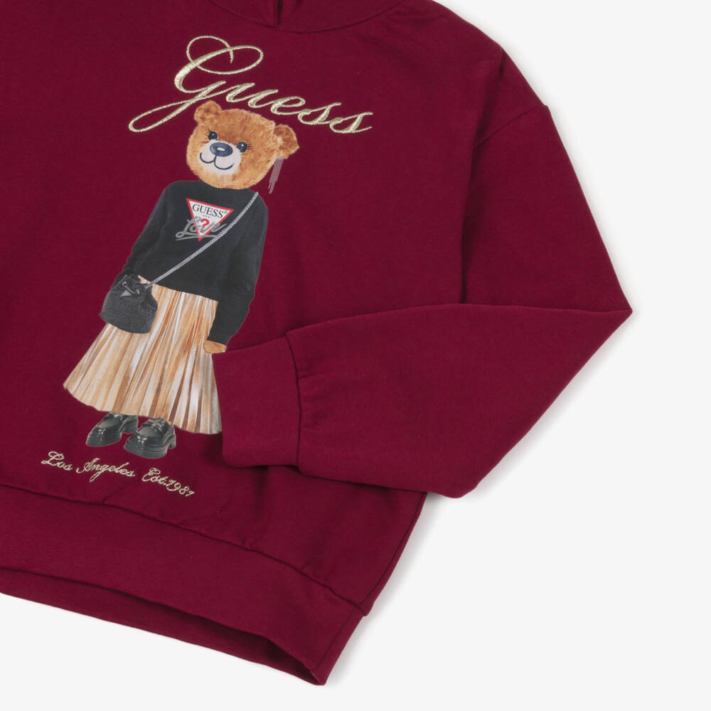 Guess-Junior Girls Burgundy Red Cotton Teddy Bear Hoodie | Childrensalon