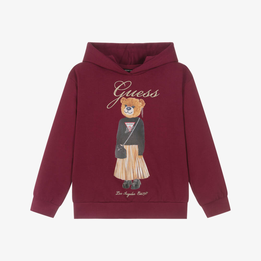 Guess-Junior Girls Burgundy Red Cotton Teddy Bear Hoodie | Childrensalon