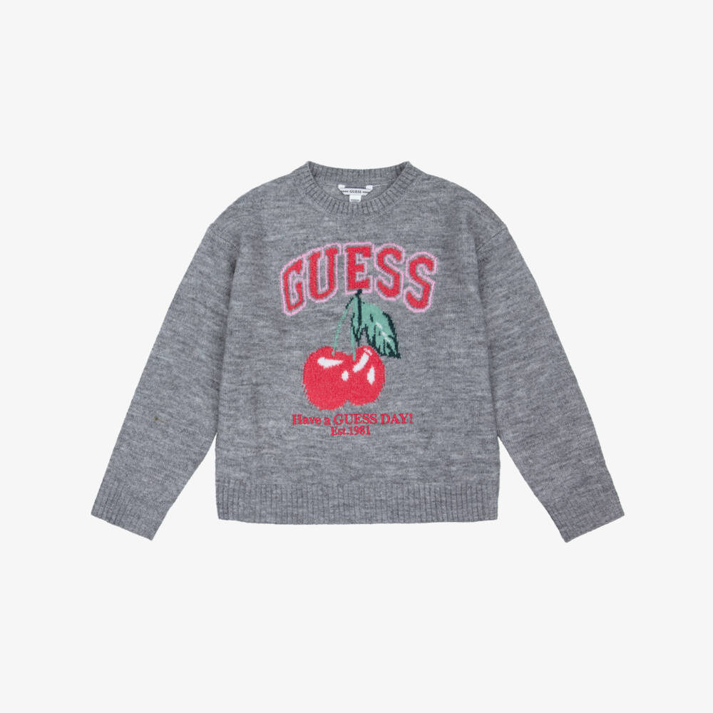 Guess-Junior Girls Grey Marl Knitted Sweater with Cherry Logo  | Childrensalon
