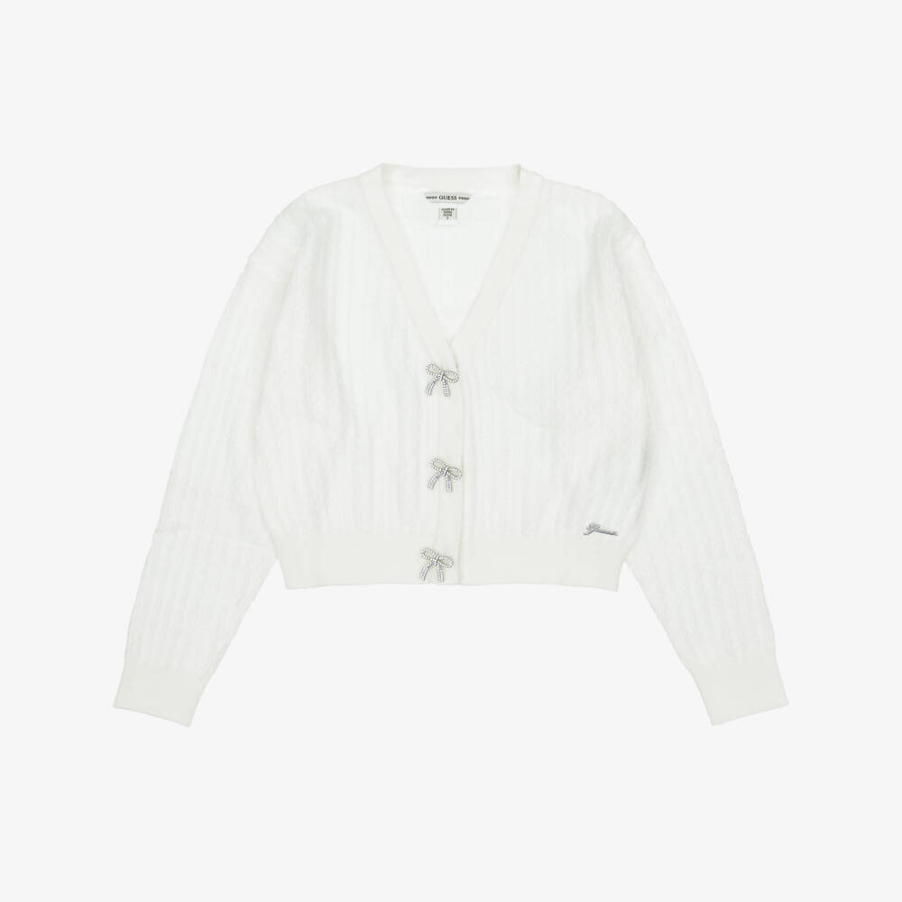Guess-Junior Girls Ivory Cable Knitted Cardigan with Diamanté Bows | Childrensalon