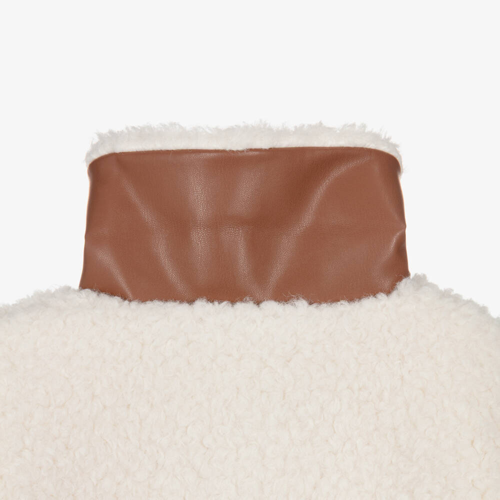 Guess-Junior Girls Ivory Faux Fleece Jacket with Faux Leather Trims | Childrensalon