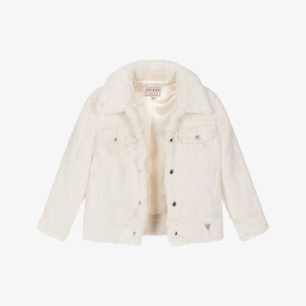 Guess-Junior Girls Ivory Faux Fur Collared Jacket | Childrensalon