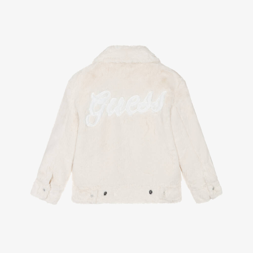 Guess-Junior Girls Ivory Faux Fur Collared Jacket | Childrensalon