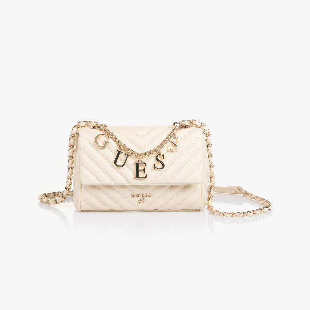 Guess-Junior Girls Ivory Faux Leather Shoulder Bag with Logo Charms | Childrensalon