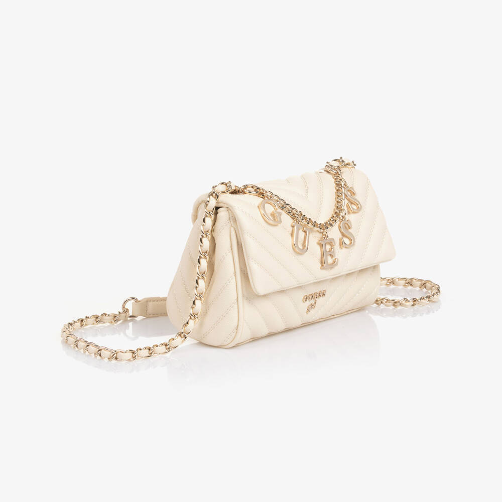 Guess-Junior Girls Ivory Faux Leather Shoulder Bag with Logo Charms | Childrensalon