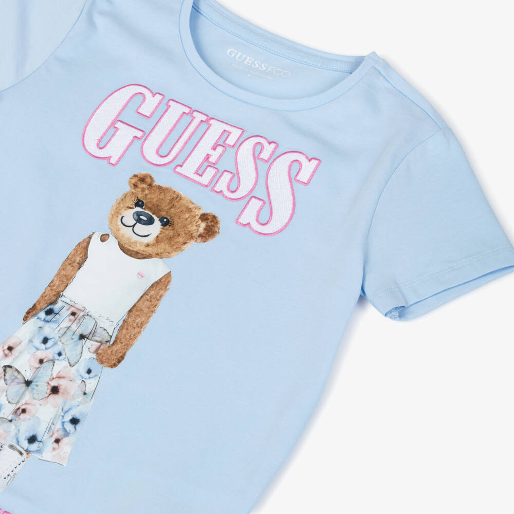 Guess-Junior Girls Light Blue Bear & Logo Cotton T-Shirt | Childrensalon