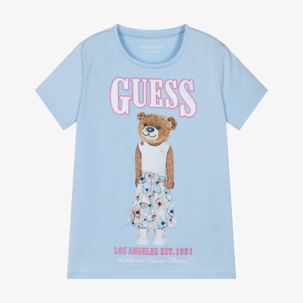 Guess-Junior Girls Light Blue Bear & Logo Cotton T-Shirt | Childrensalon