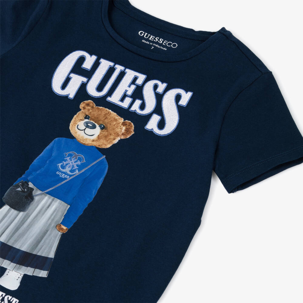 Guess-Junior Girls Navy Blue Bear & Logo Cotton T-Shirt | Childrensalon