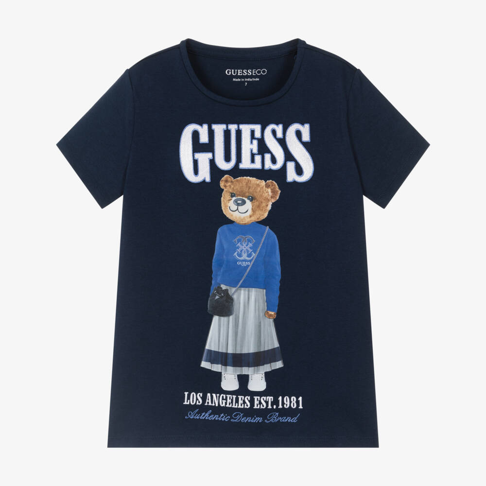 Guess-Junior Girls Navy Blue Bear & Logo Cotton T-Shirt | Childrensalon