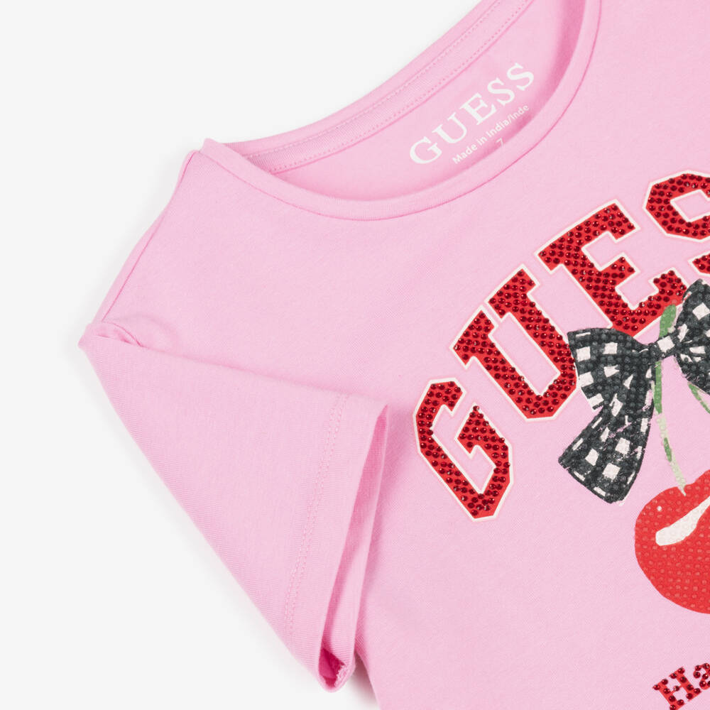 Guess-Junior Girls Pink Cotton T-Shirt with Cherry Logo | Childrensalon