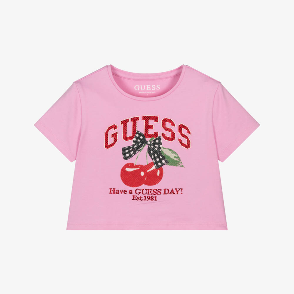 Guess-Junior Girls Pink Cotton T-Shirt with Cherry Logo | Childrensalon