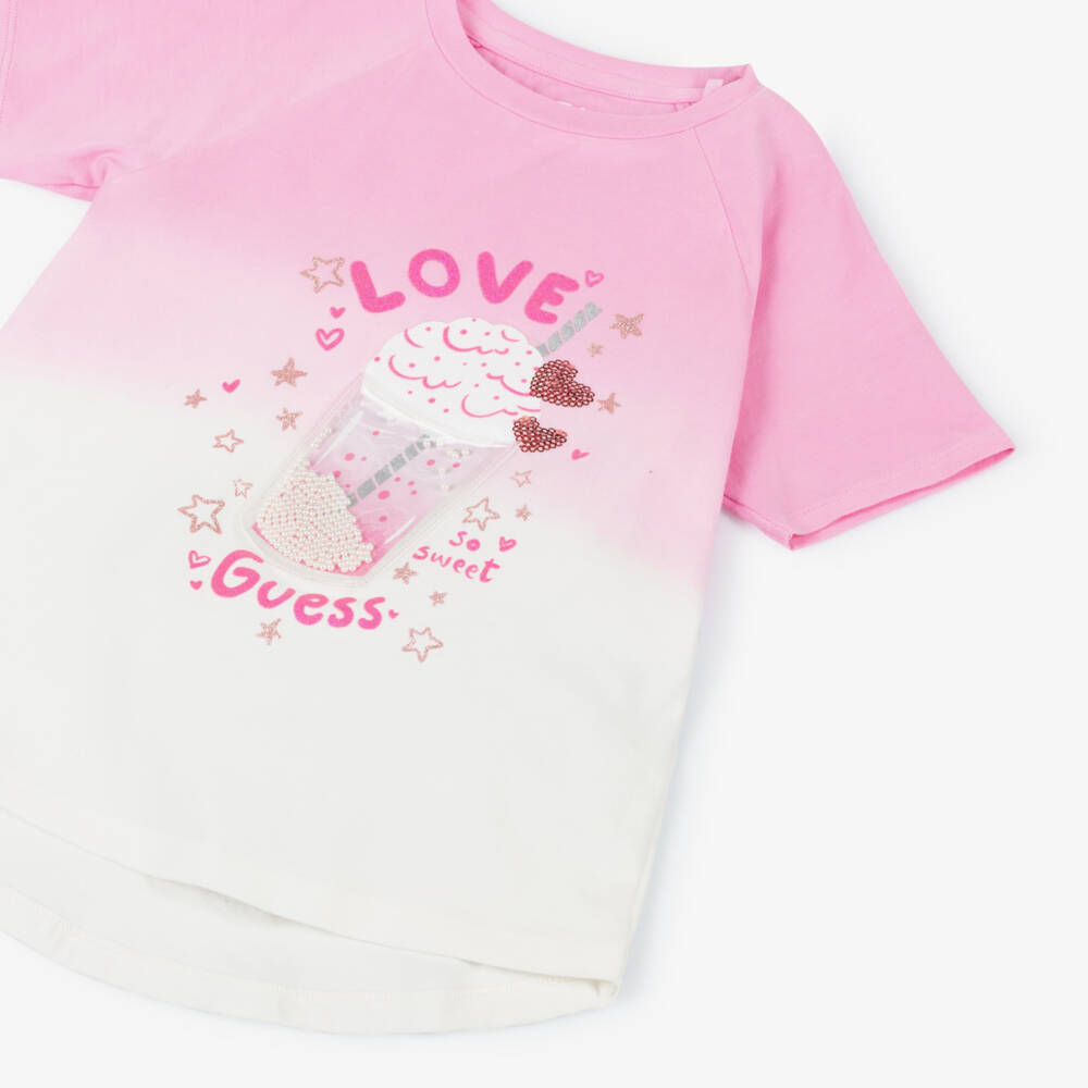 Guess-تيشيرت بنات قطن بطبعة ميلك شيك لون زهري | Childrensalon