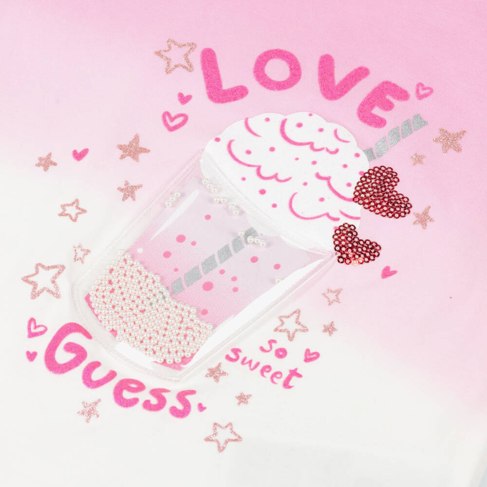 Guess-تيشيرت بنات قطن بطبعة ميلك شيك لون زهري | Childrensalon