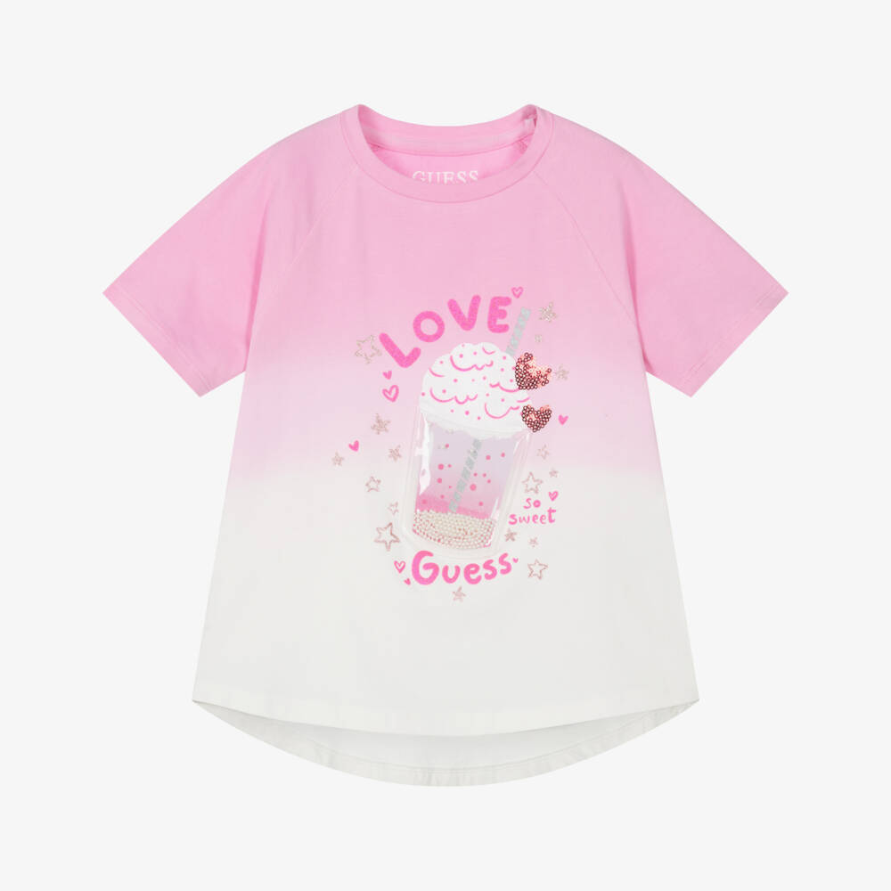 Guess-تيشيرت بنات قطن بطبعة ميلك شيك لون زهري | Childrensalon