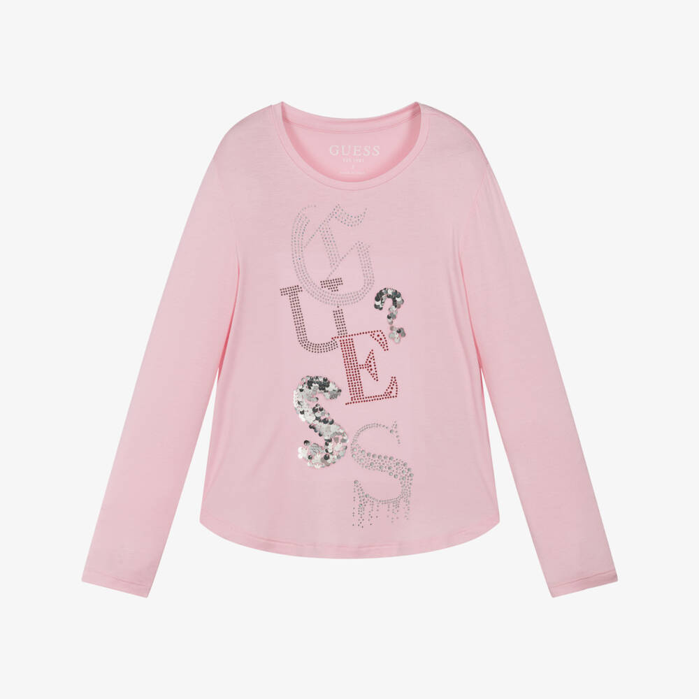 Guess-Junior Girls Pink EcoVero Top with Rhinestone Logo | Childrensalon