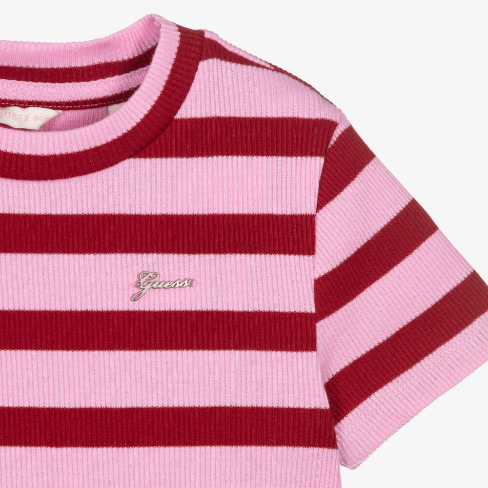 Guess-Junior Girls Pink & Red Striped Ribbed T-Shirt | Childrensalon