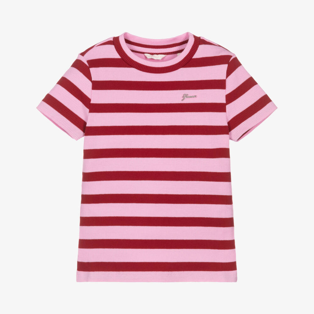 Guess-Junior Girls Pink & Red Striped Ribbed T-Shirt | Childrensalon