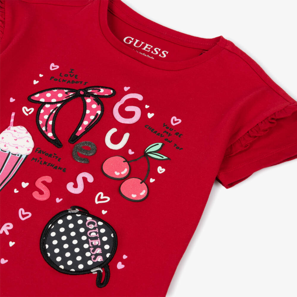 Guess-Junior Girls Red Cotton T-Shirt with Sparkly Graphics | Childrensalon