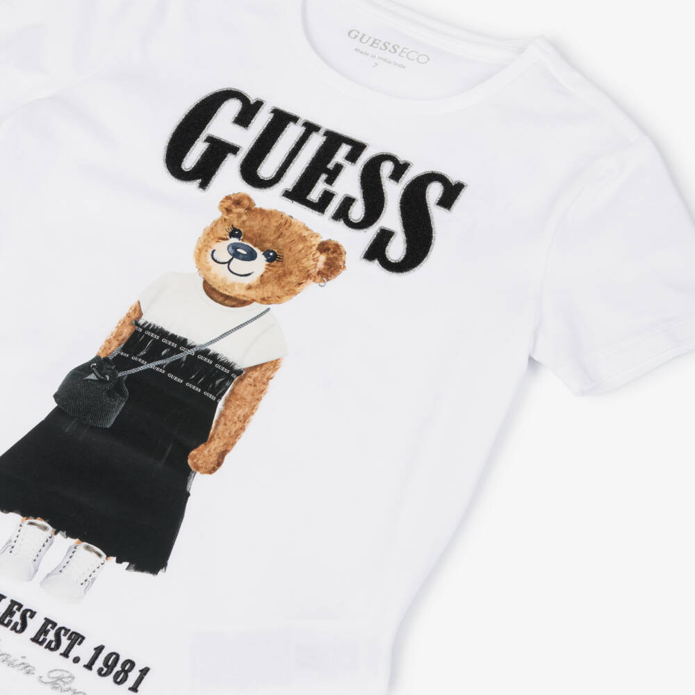 Guess-Junior Girls White Bear & Logo Cotton T-Shirt | Childrensalon