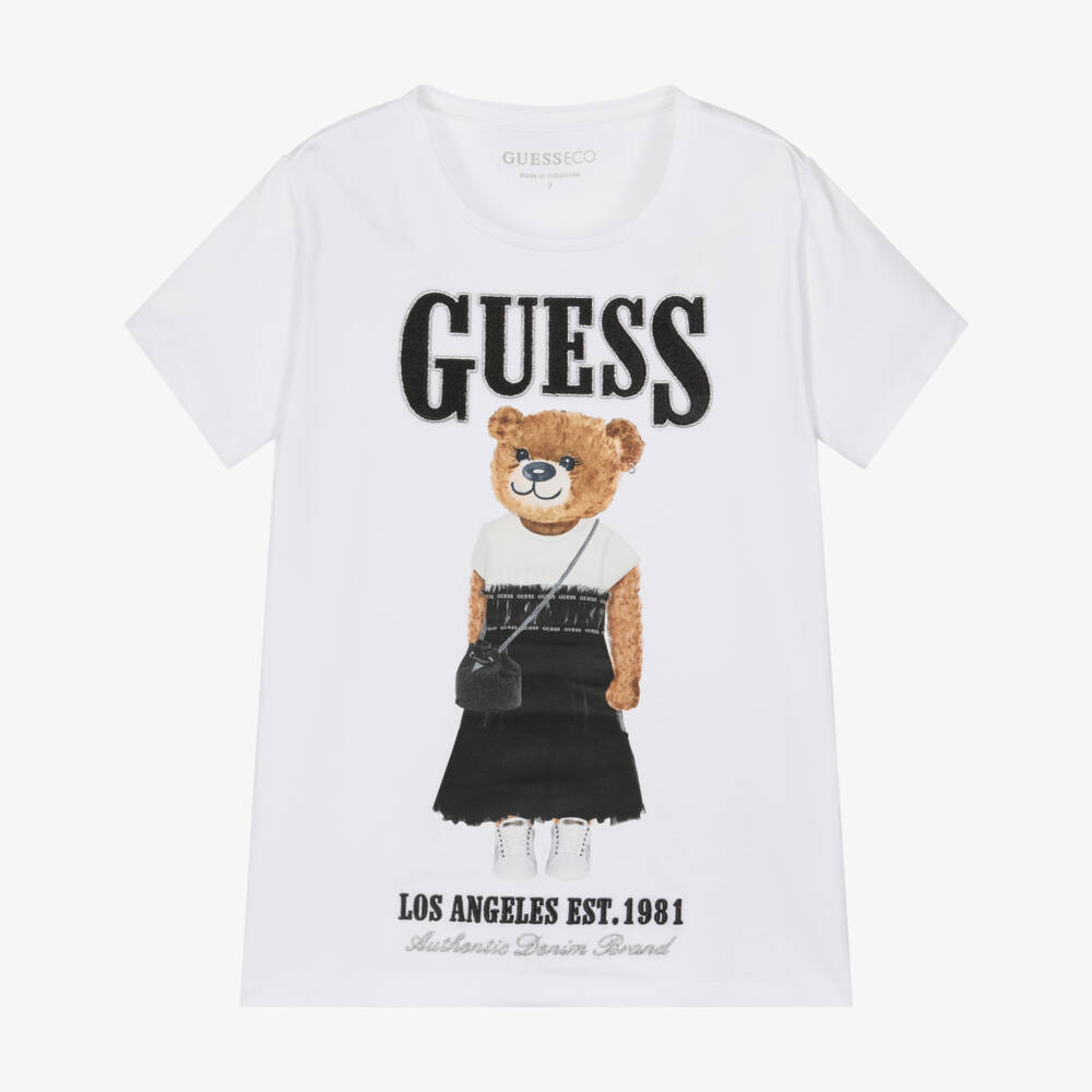 Guess-Junior Girls White Bear & Logo Cotton T-Shirt | Childrensalon