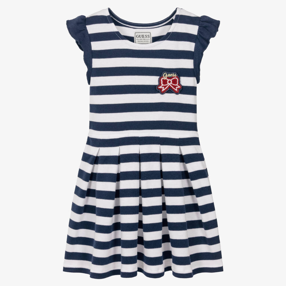 Guess-Junior Girls White & Blue Stripe Cotton Dress | Childrensalon
