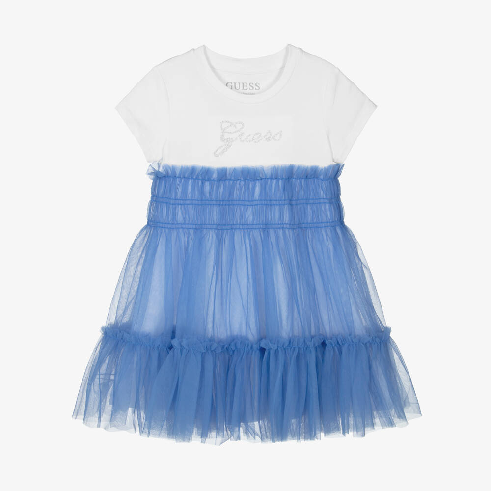 Guess-Junior Girls White Cotton Jersey & Blue Tulle Dress | Childrensalon