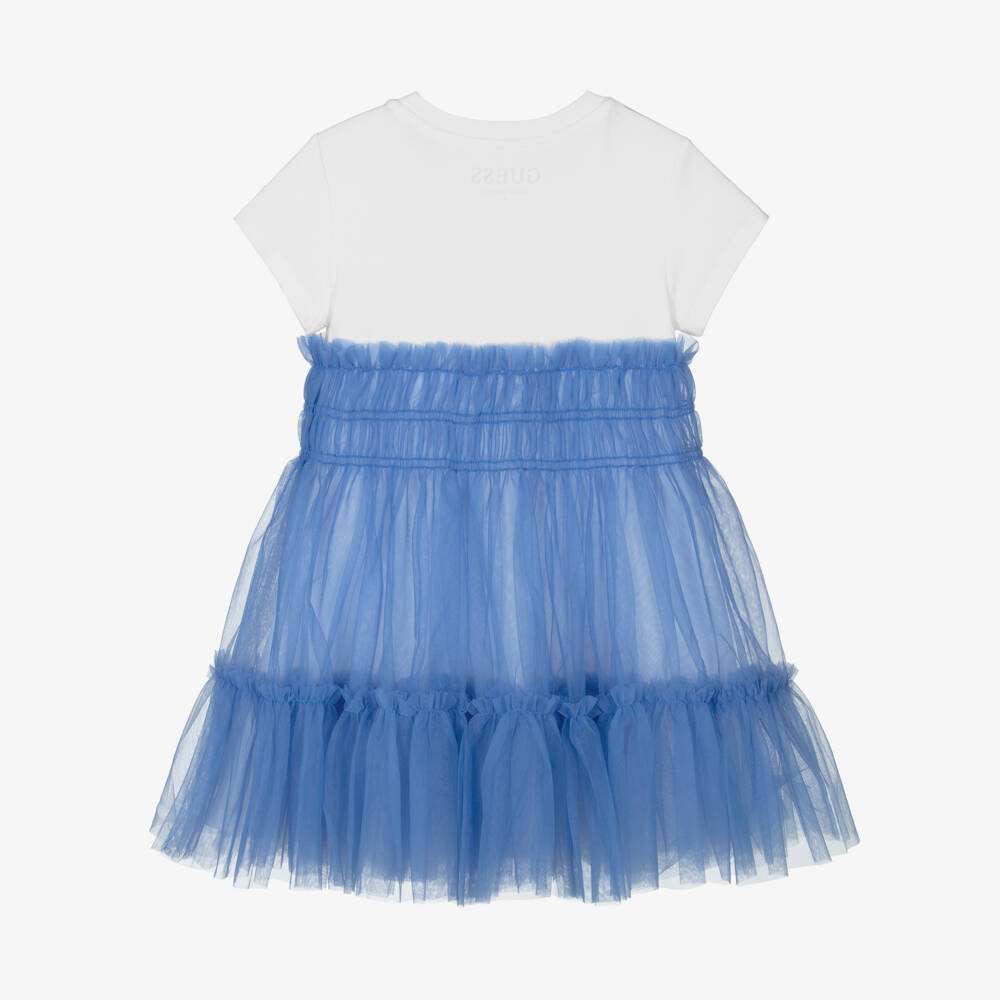 Guess-Junior Girls White Cotton Jersey & Blue Tulle Dress | Childrensalon