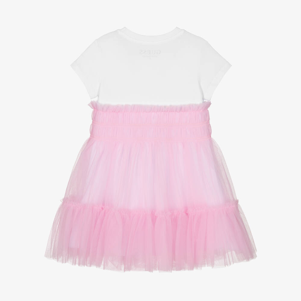 Guess-Junior Girls White Cotton Jersey & Pink Tulle Dress | Childrensalon
