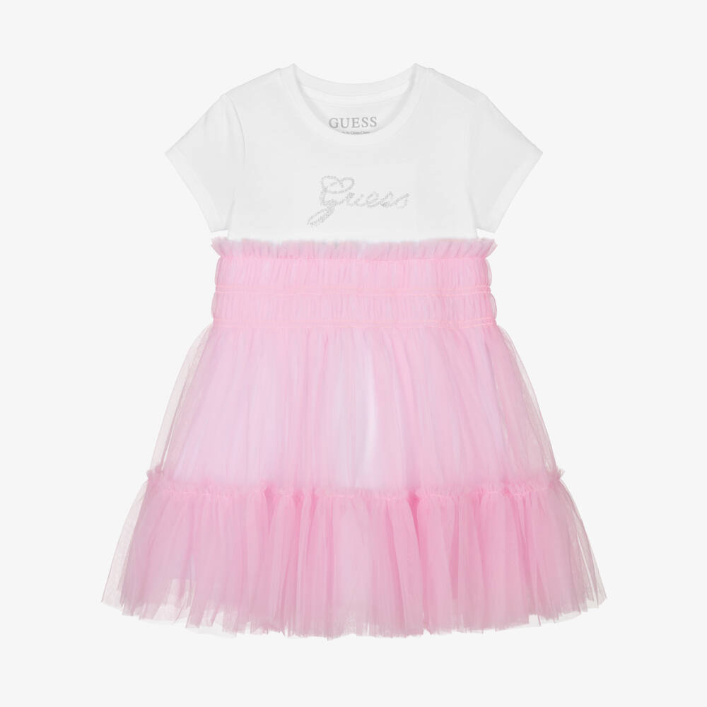 Guess-Junior Girls White Cotton Jersey & Pink Tulle Dress | Childrensalon