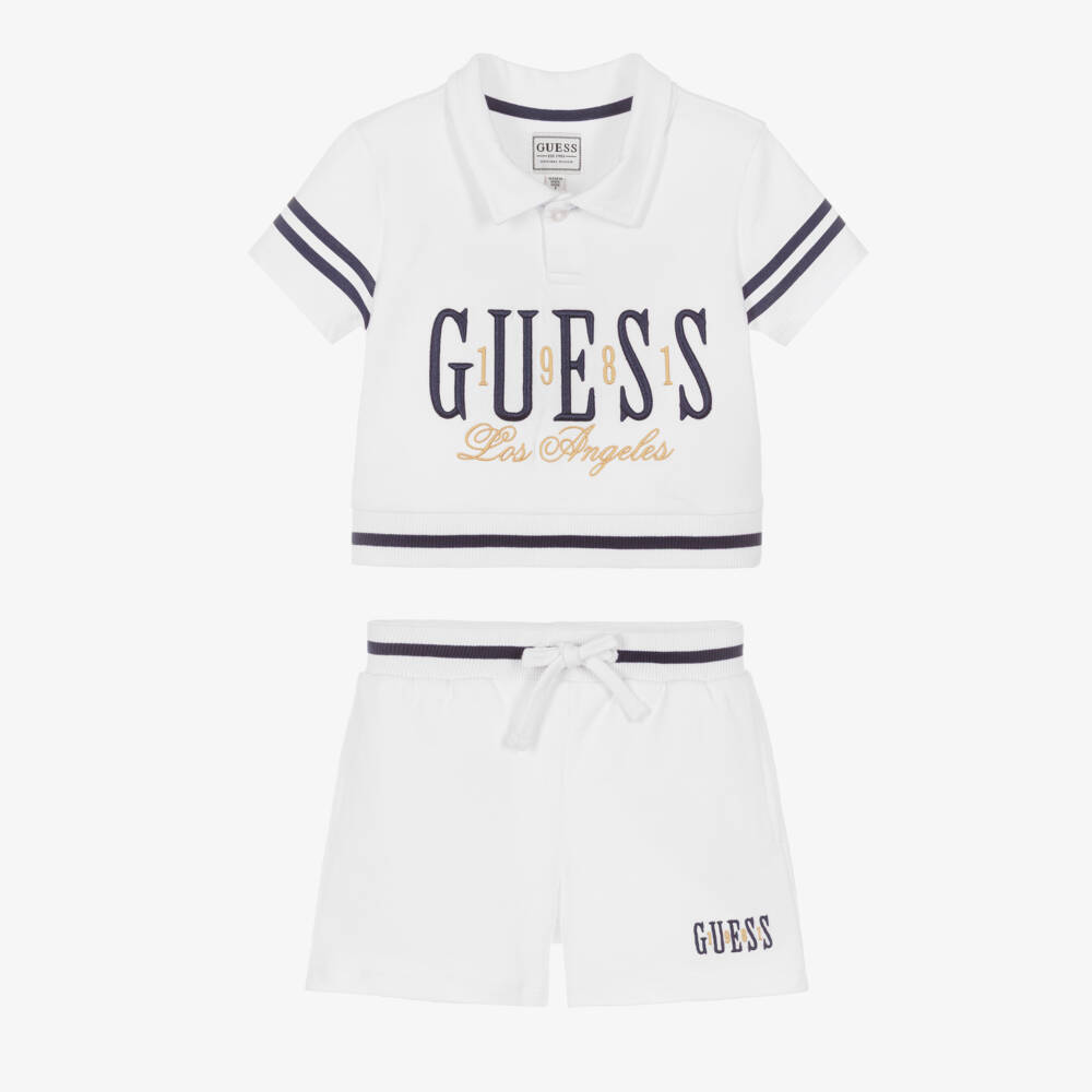 Guess-Junior Girls White Cotton Shorts Set with Striped Blue Trims | Childrensalon