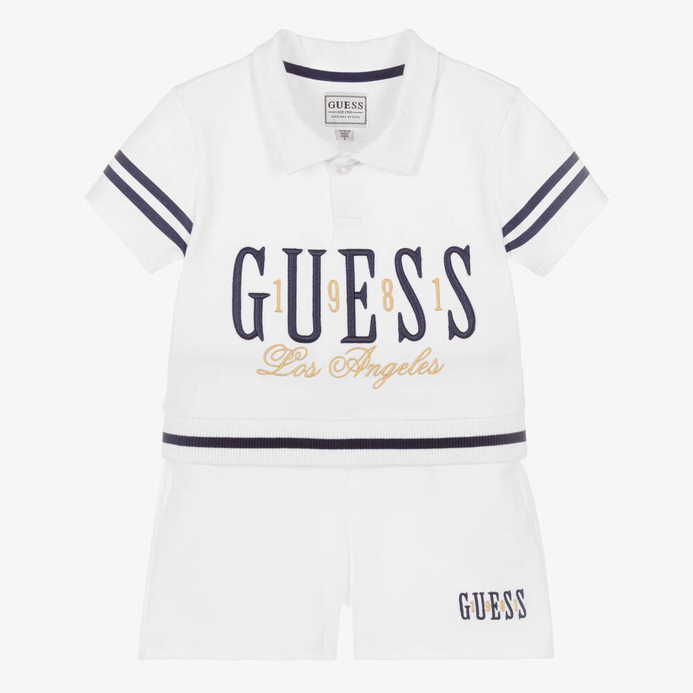 Guess-Junior Girls White Cotton Shorts Set with Striped Blue Trims | Childrensalon
