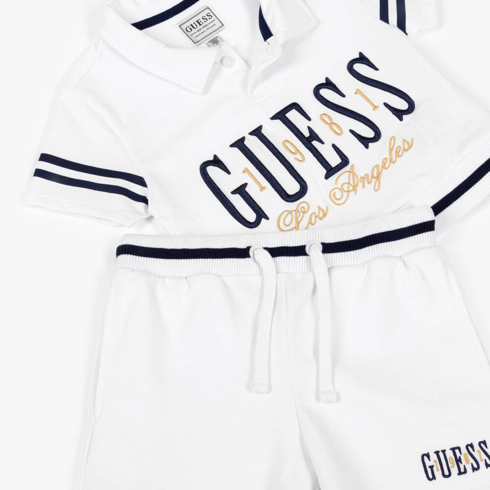 Guess-Junior Girls White Cotton Shorts Set with Striped Blue Trims | Childrensalon