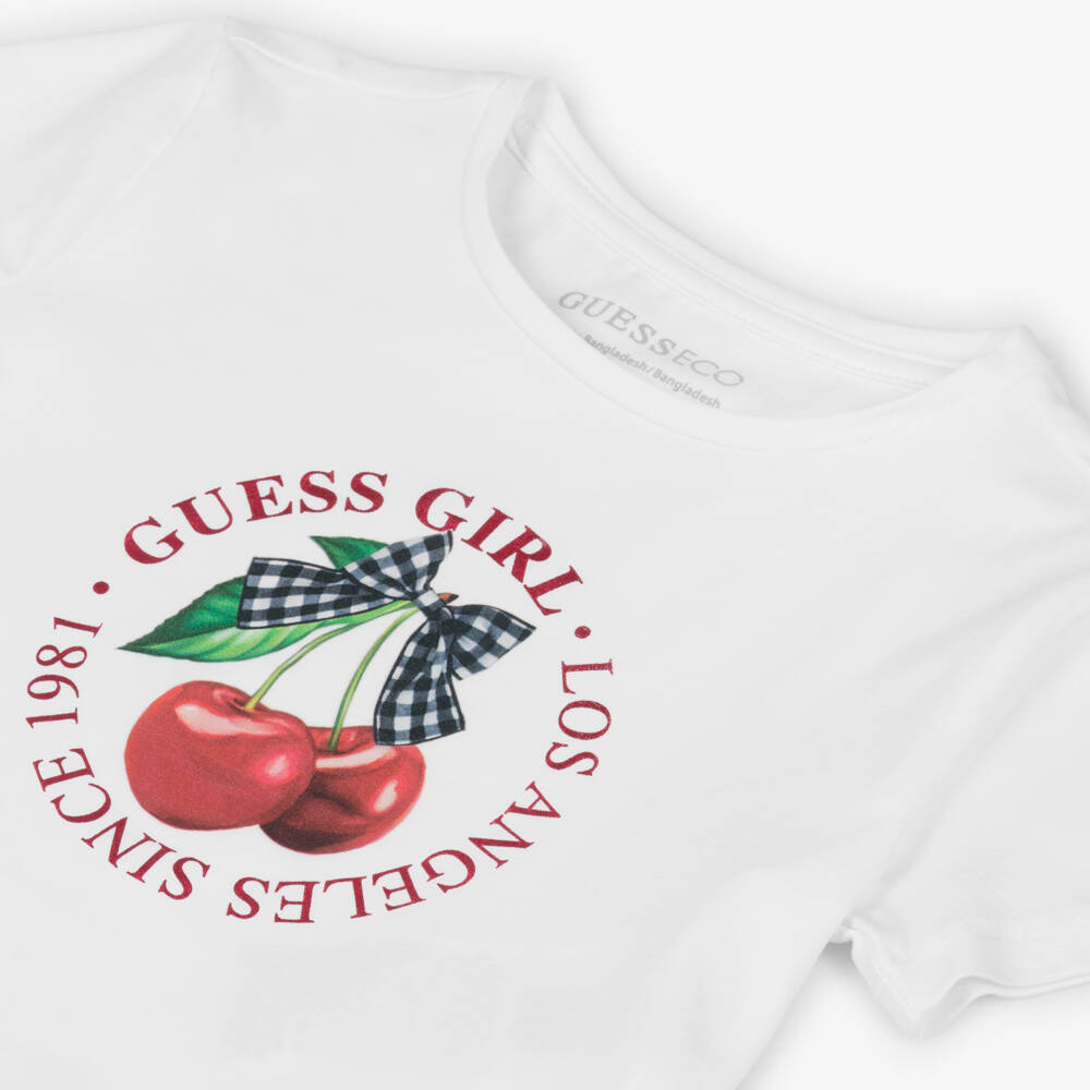 Guess-Junior Girls White Cotton T-Shirt with Cherry Logo Print | Childrensalon
