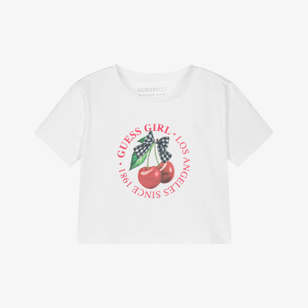 Guess-Junior Girls White Cotton T-Shirt with Cherry Logo Print | Childrensalon