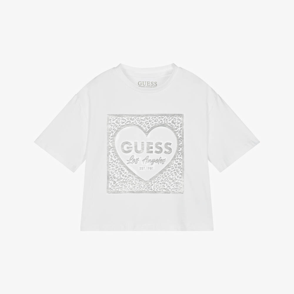 Guess-Junior Girls White Cotton T-Shirt with Metallic Silver Logo | Childrensalon