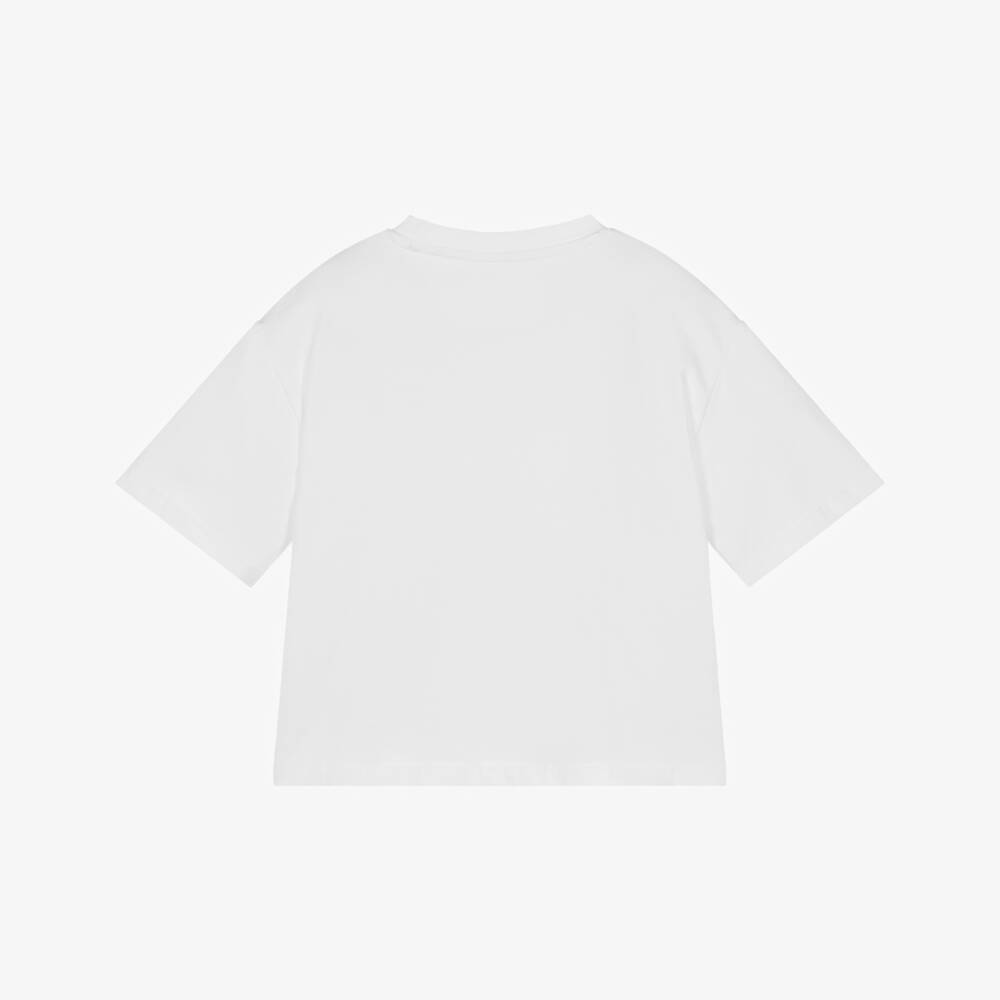 Guess-Junior Girls White Cotton T-Shirt with Metallic Silver Logo | Childrensalon