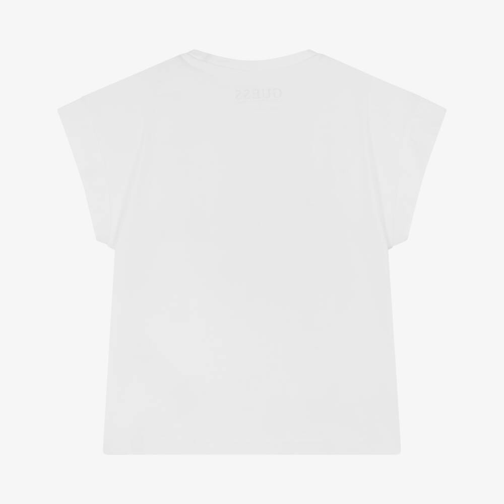 Guess-Junior Girls White Cotton T-Shirt with Sequin Triangle Logo | Childrensalon