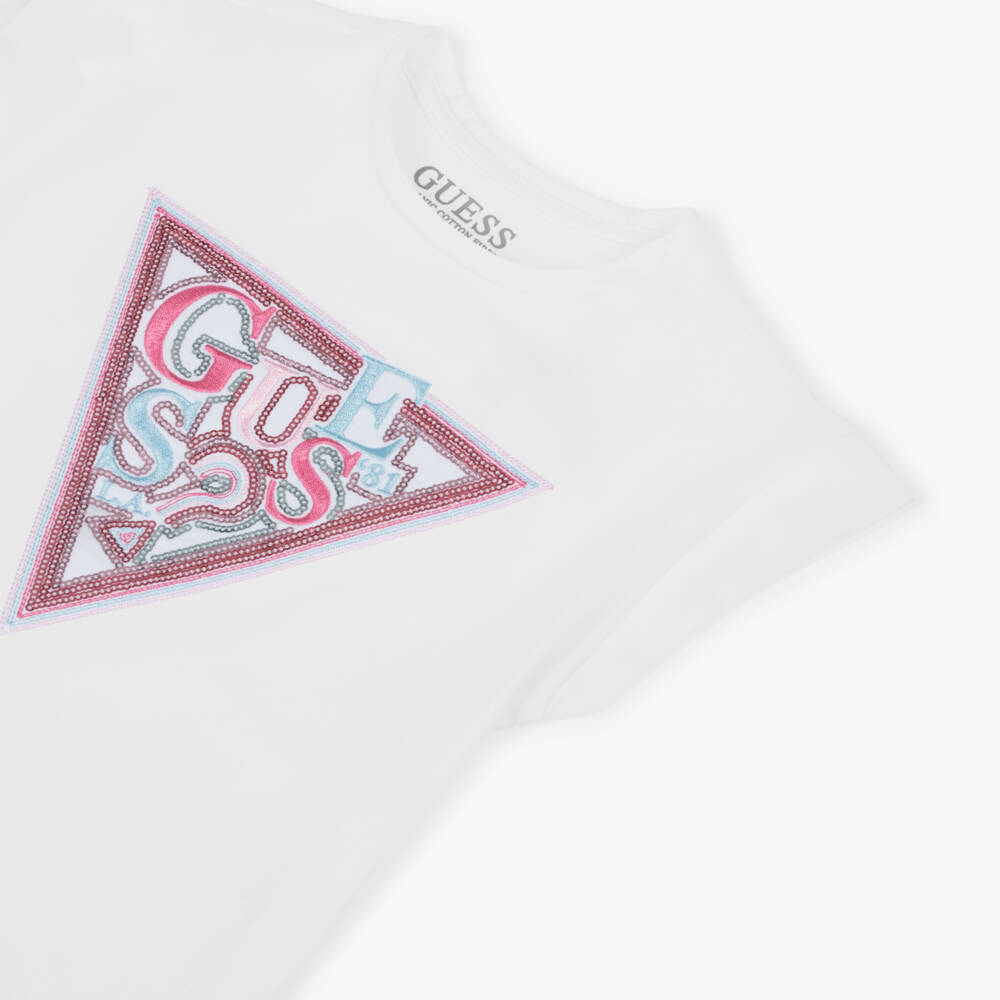 Guess-Junior Girls White Cotton T-Shirt with Sequin Triangle Logo | Childrensalon