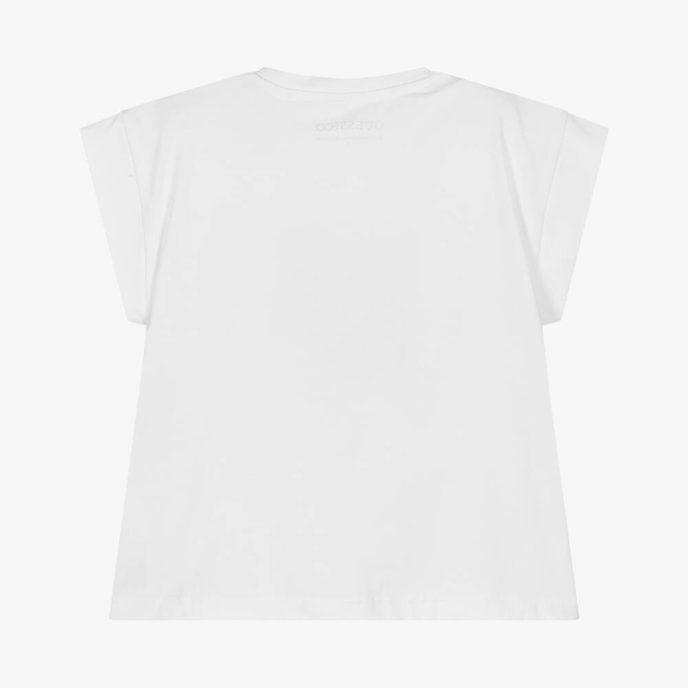 Guess-Junior Girls White Cotton T-Shirt with Sequinned Logo | Childrensalon