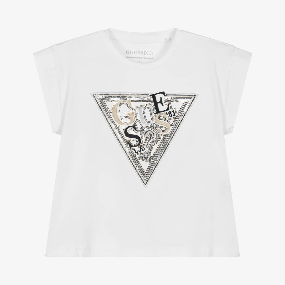 Guess-Junior Girls White Cotton T-Shirt with Sequinned Logo | Childrensalon