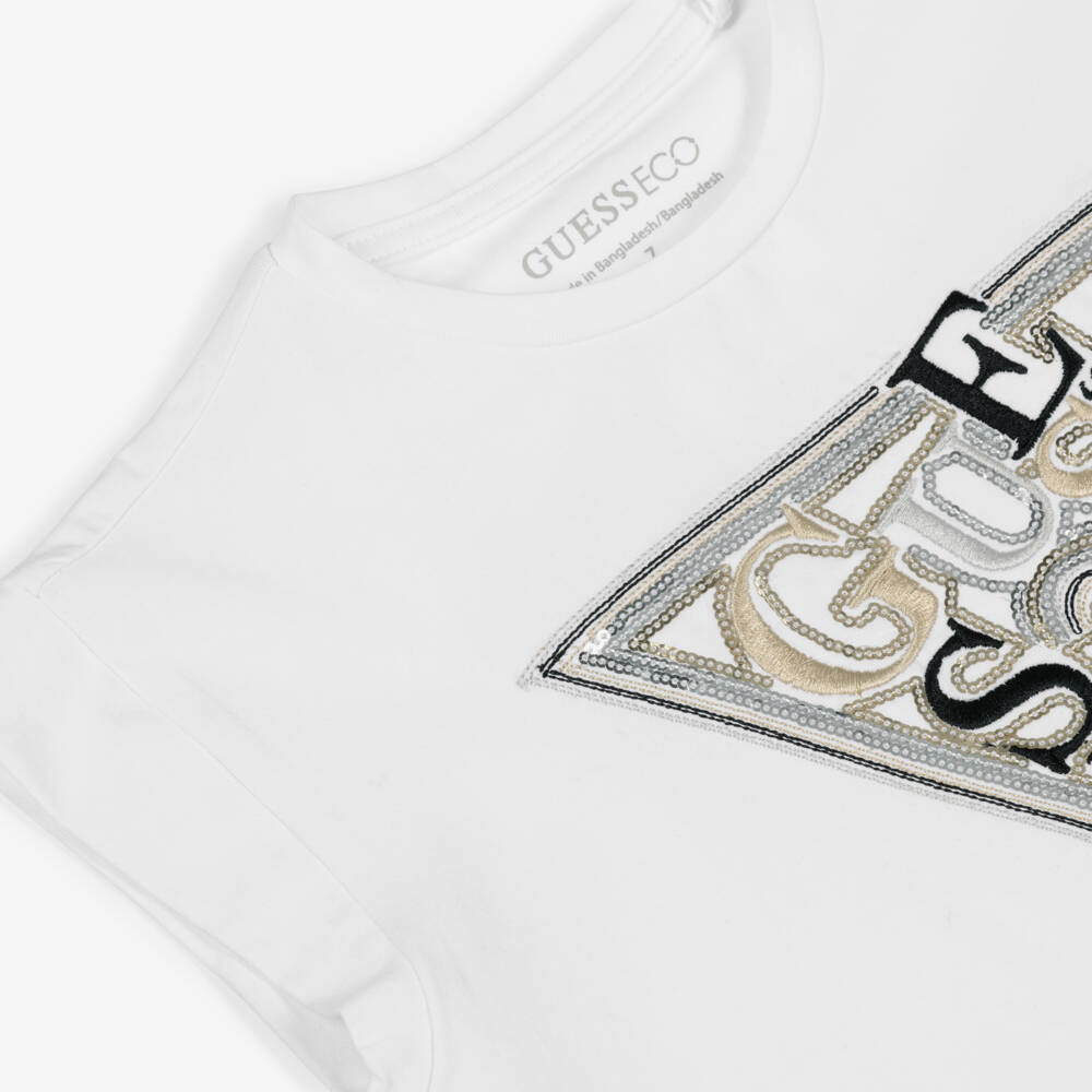 Guess-Junior Girls White Cotton T-Shirt with Sequinned Logo | Childrensalon