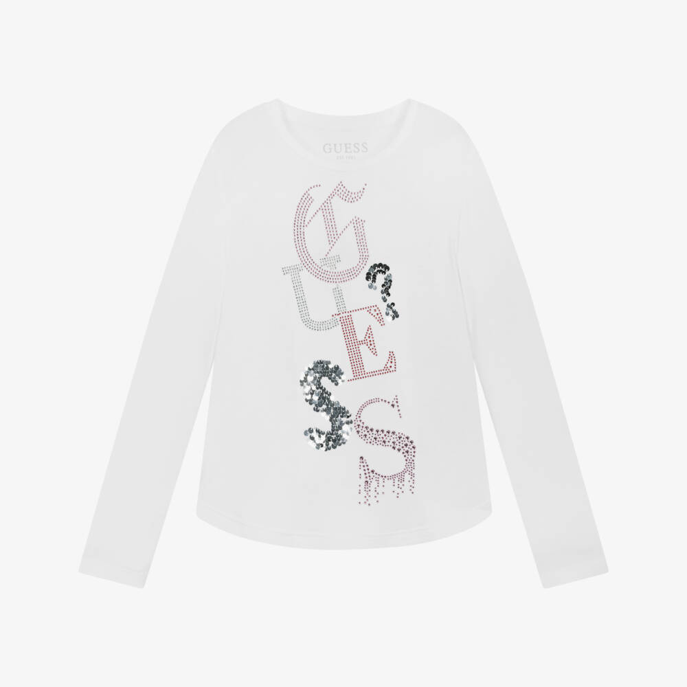 Guess-Junior Girls White EcoVero Top with Rhinestone Logo | Childrensalon