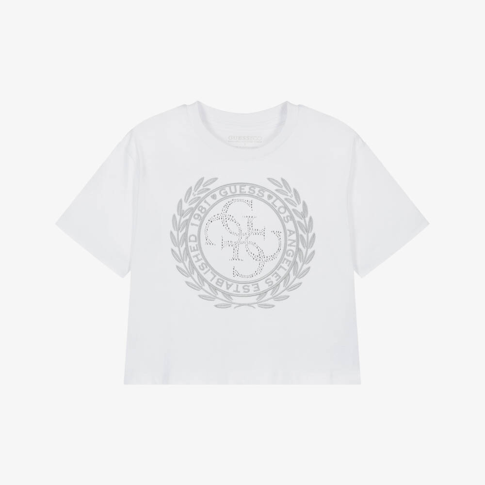Guess-Футболка белая из органического хлопка с логотипом 4g из страз для девочек | Childrensalon